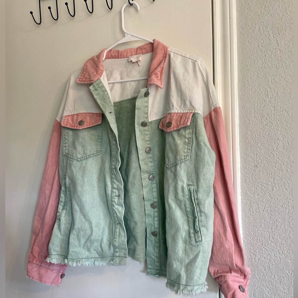 Entro teal, pink, and white jean jacket